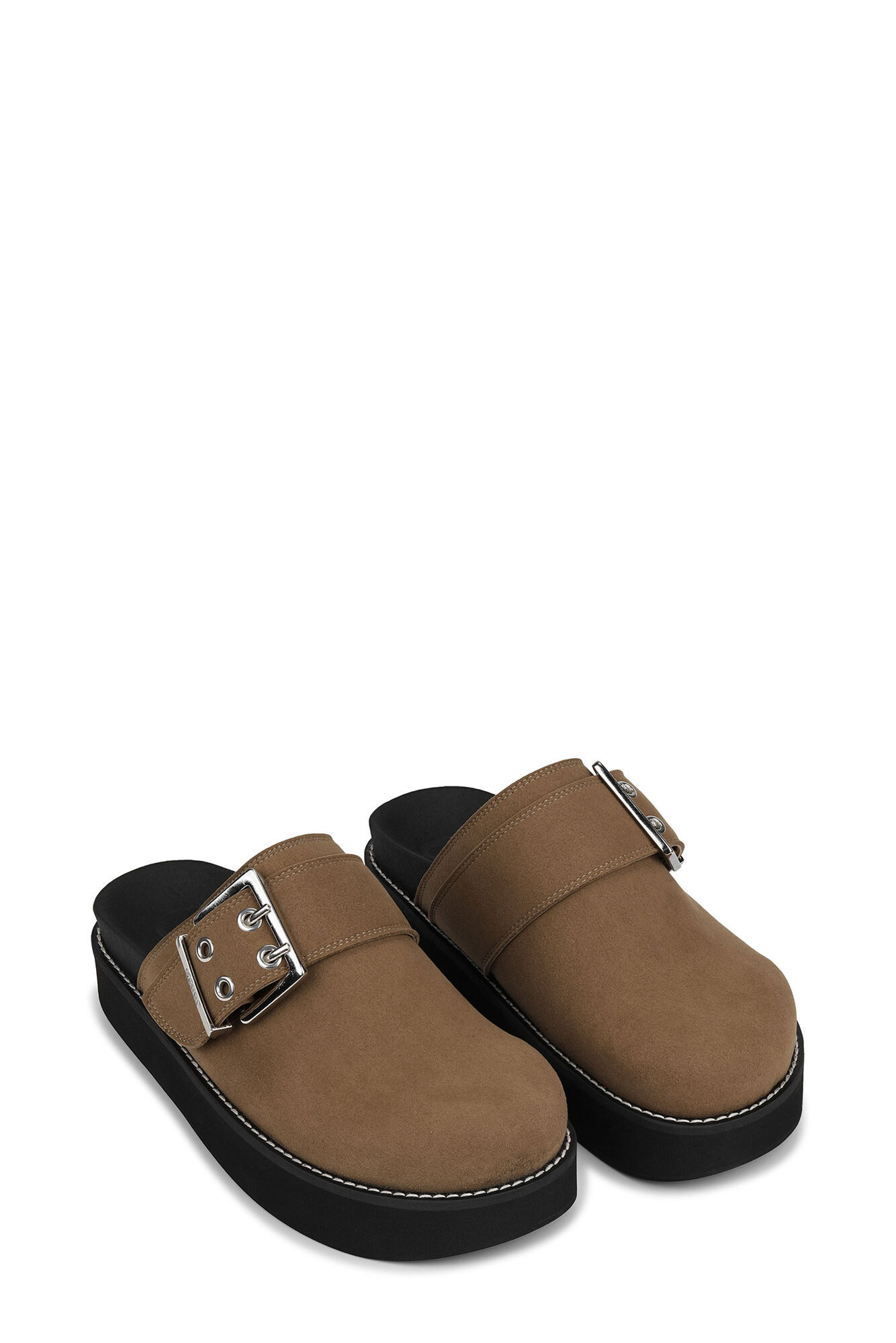 Brown Suede Feminine Buckle Mules, Polyurethane, in colour Chocolate Fondant - 2 - GANNI