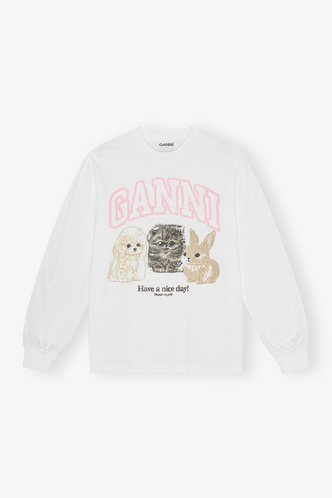 White Animal Print Long-sleeve T-shirt, Bright White