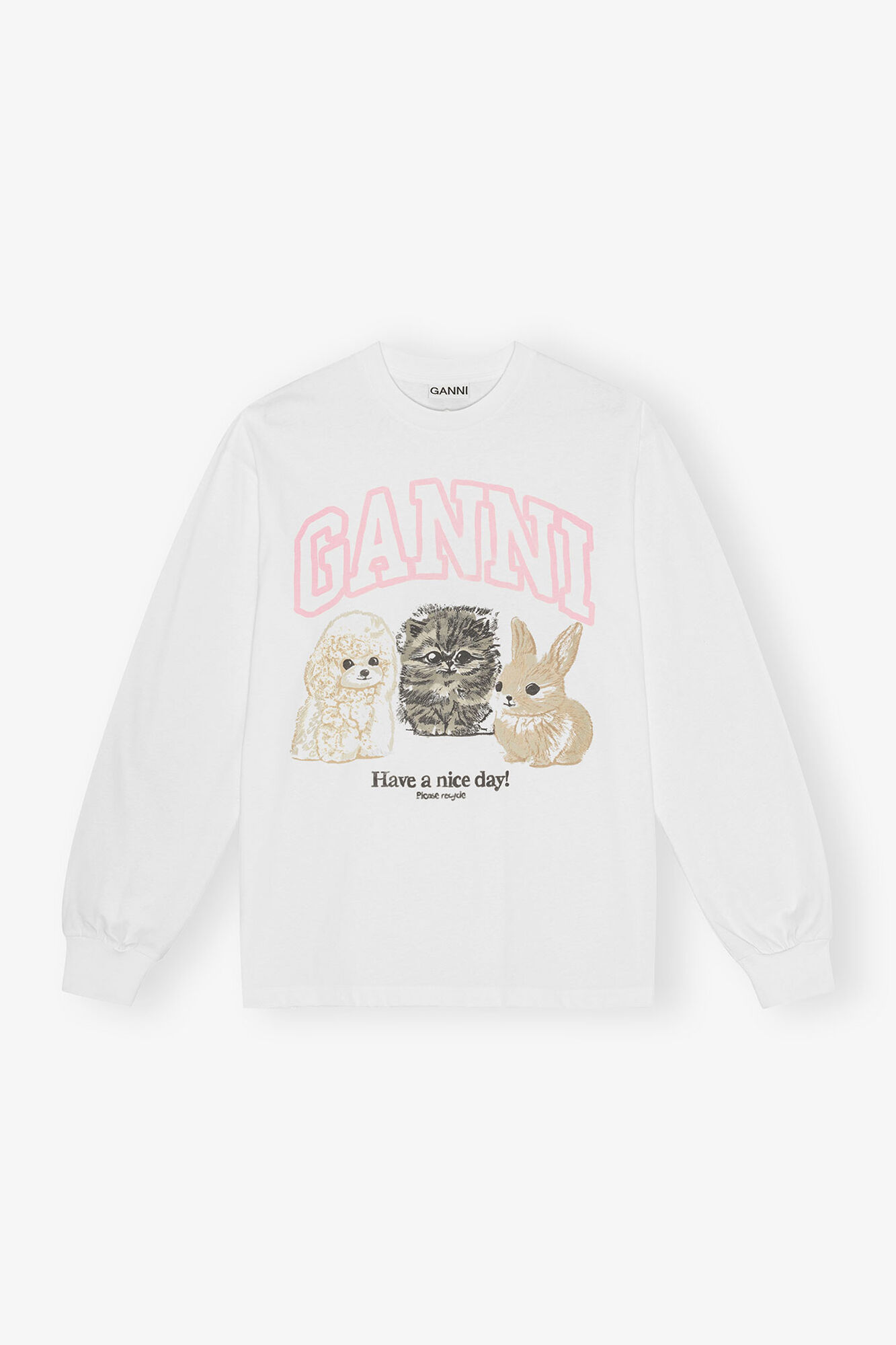 White Animal Print Long-sleeve T-shirt, Organic Cotton, in colour Bright White - 1 - GANNI