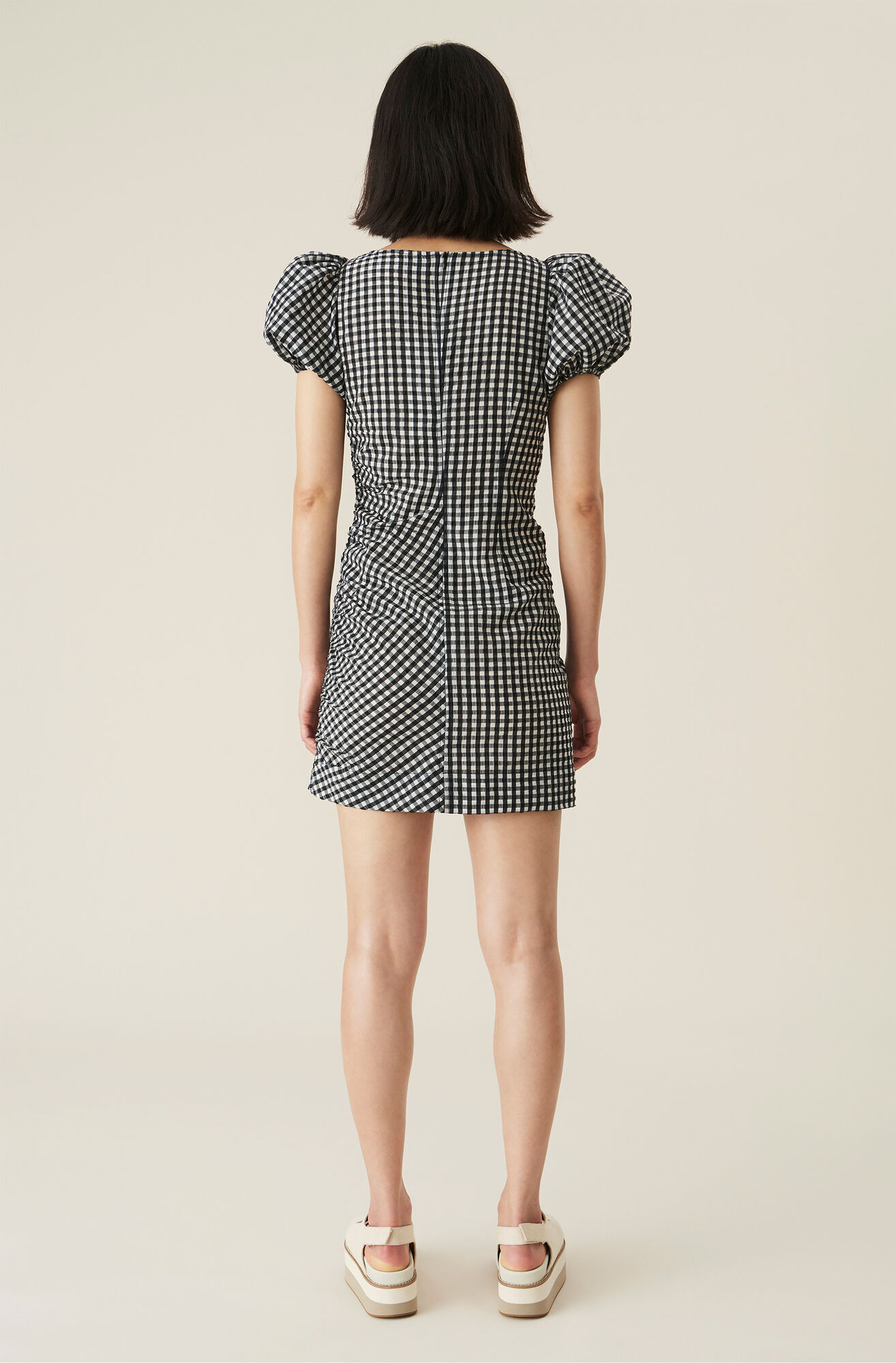 Monochrome Checkered Seersucker Ruched Mini Dress Ganni Us Us