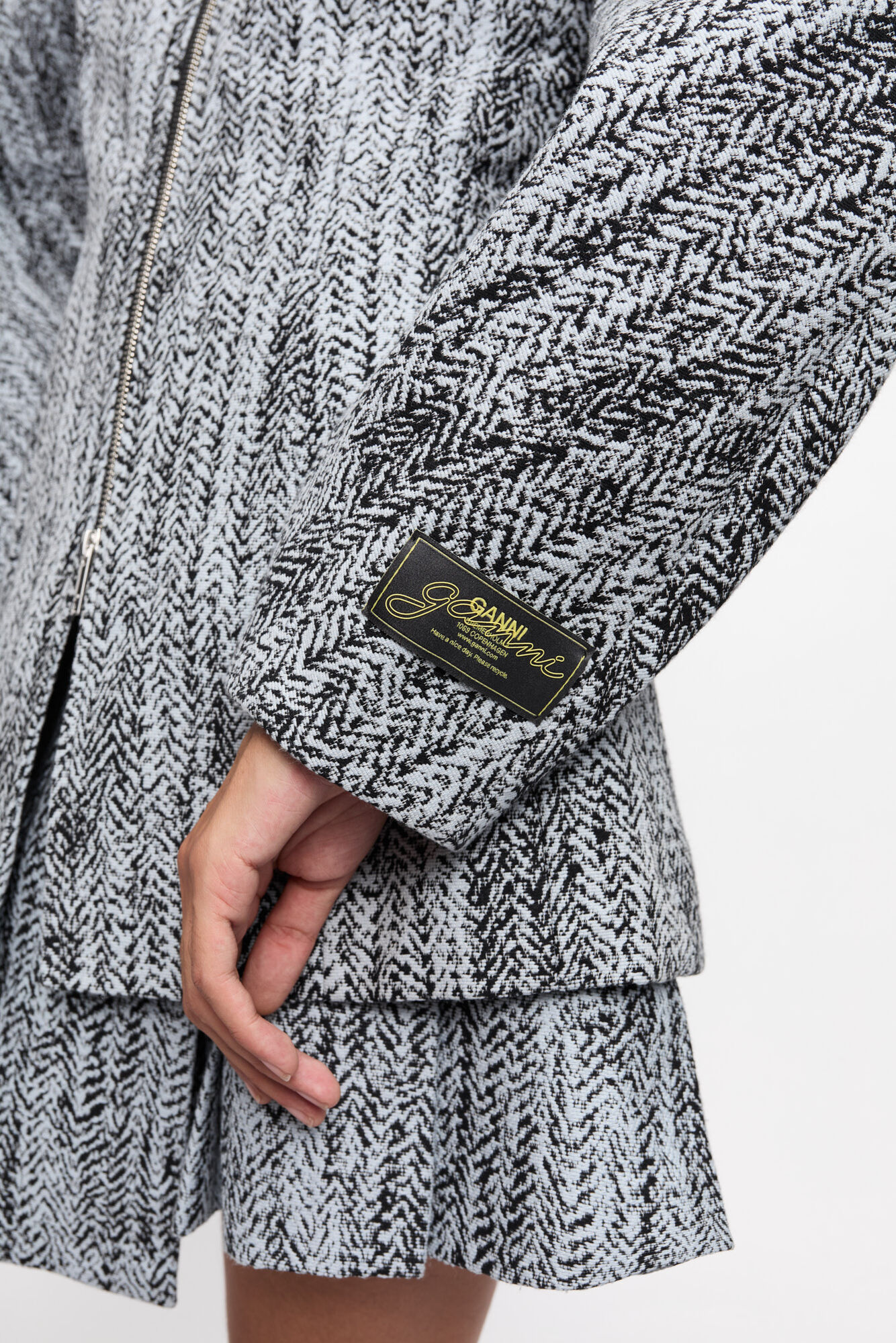 Blue Cotton Tweed Curve Sleeve Jacket, Cotton, in colour Celestial Blue - 4 - GANNI