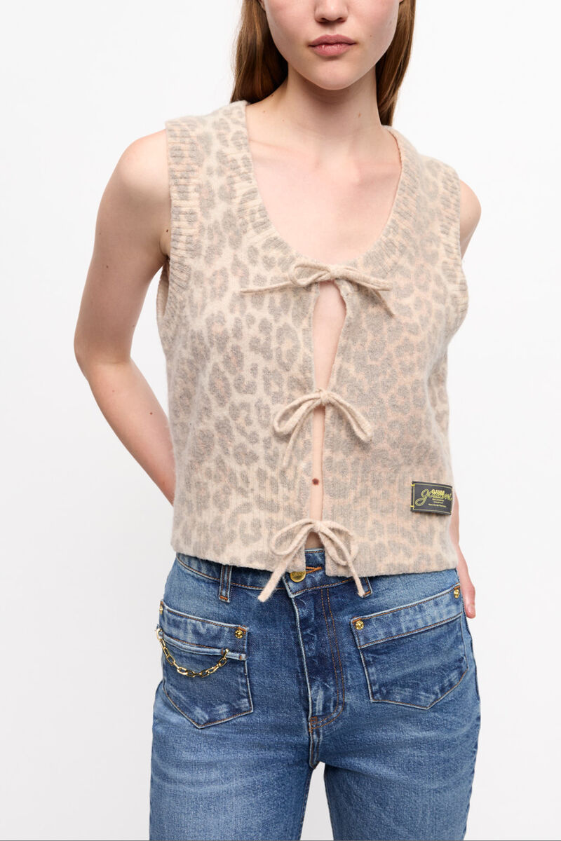 Leopard Tie String Vest, Alpaca, in colour Leopard - 1 - GANNI
