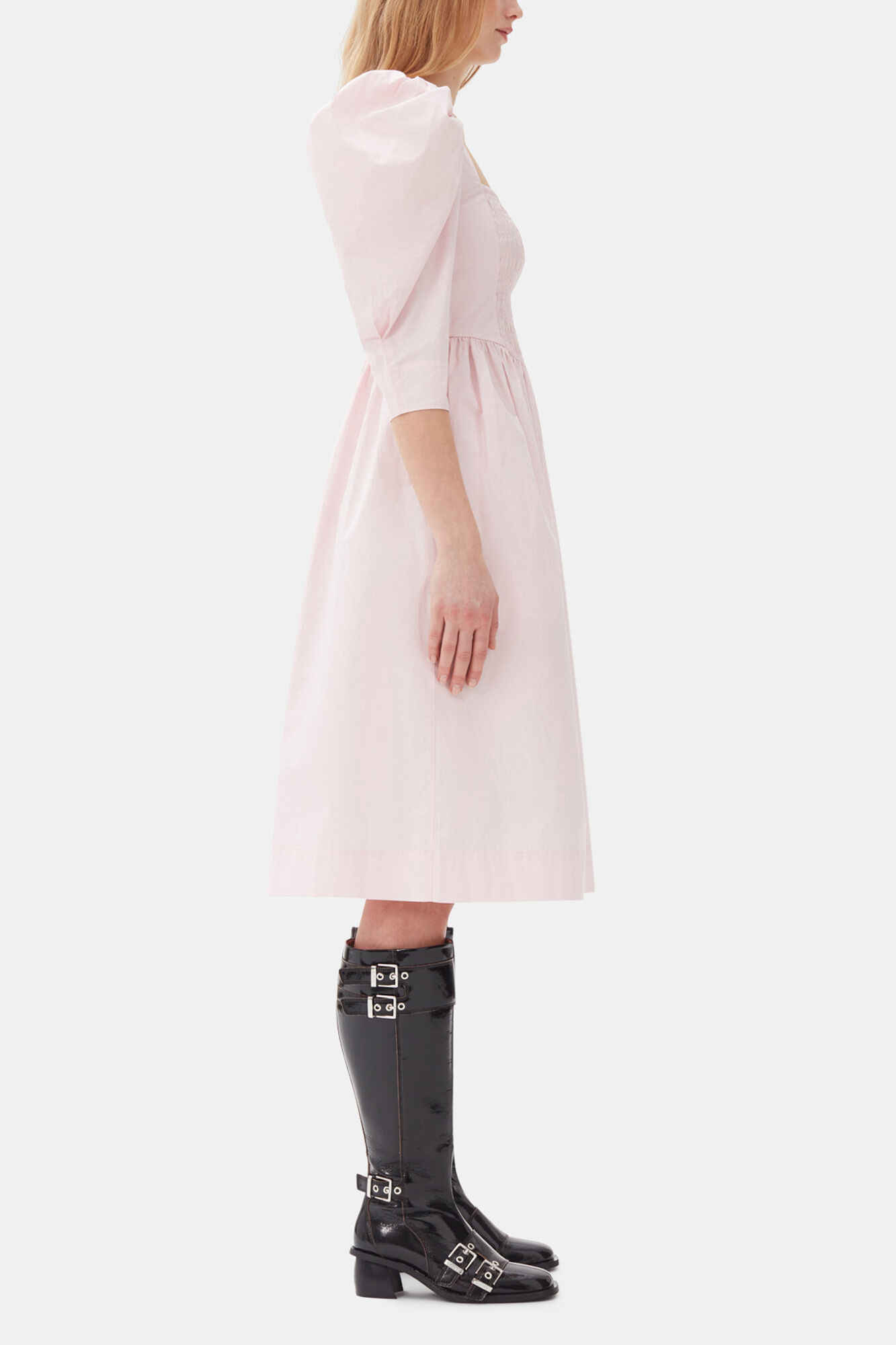 Pink Cotton Poplin Open Neck Smock Dress | GANNI US