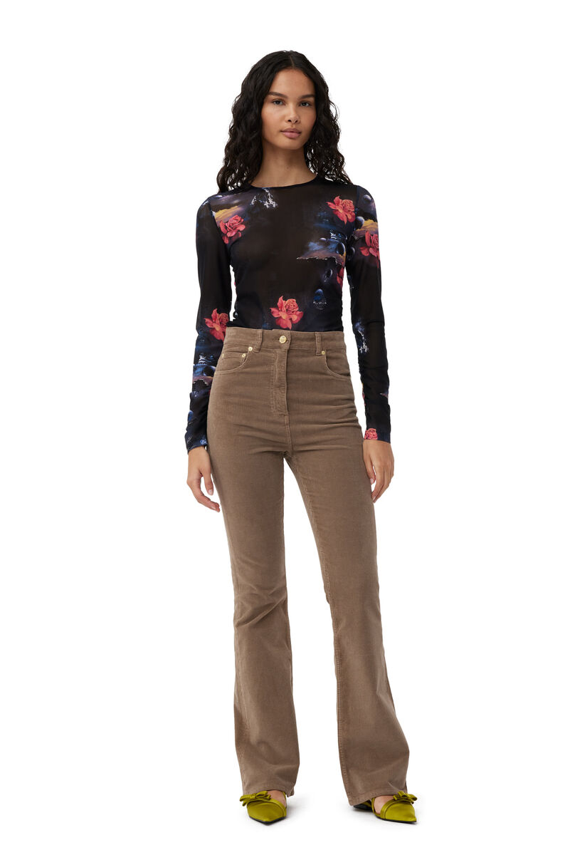 Black Printed Mesh Long Sleeve Gathered Bluse | GANNI DE