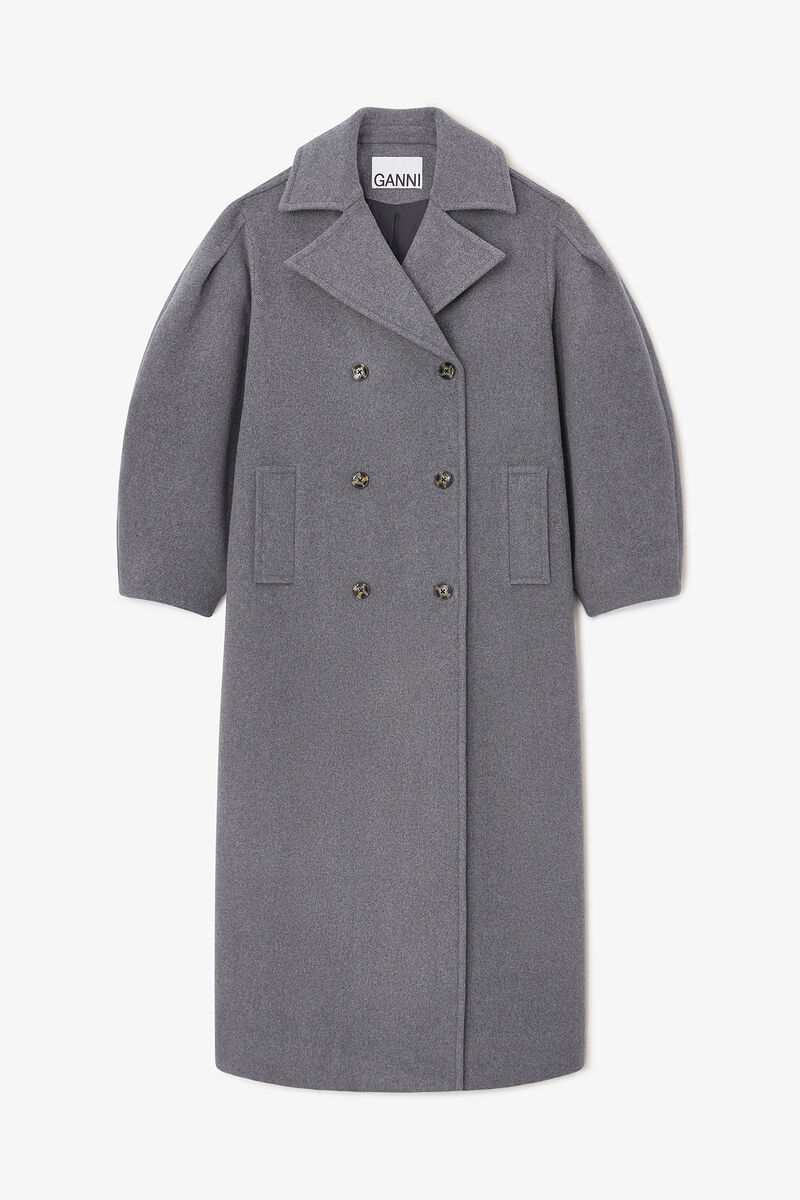 Grey Wool Oversized Long Peacoat, Recycled Wool, in colour Pewter - 1 - GANNI