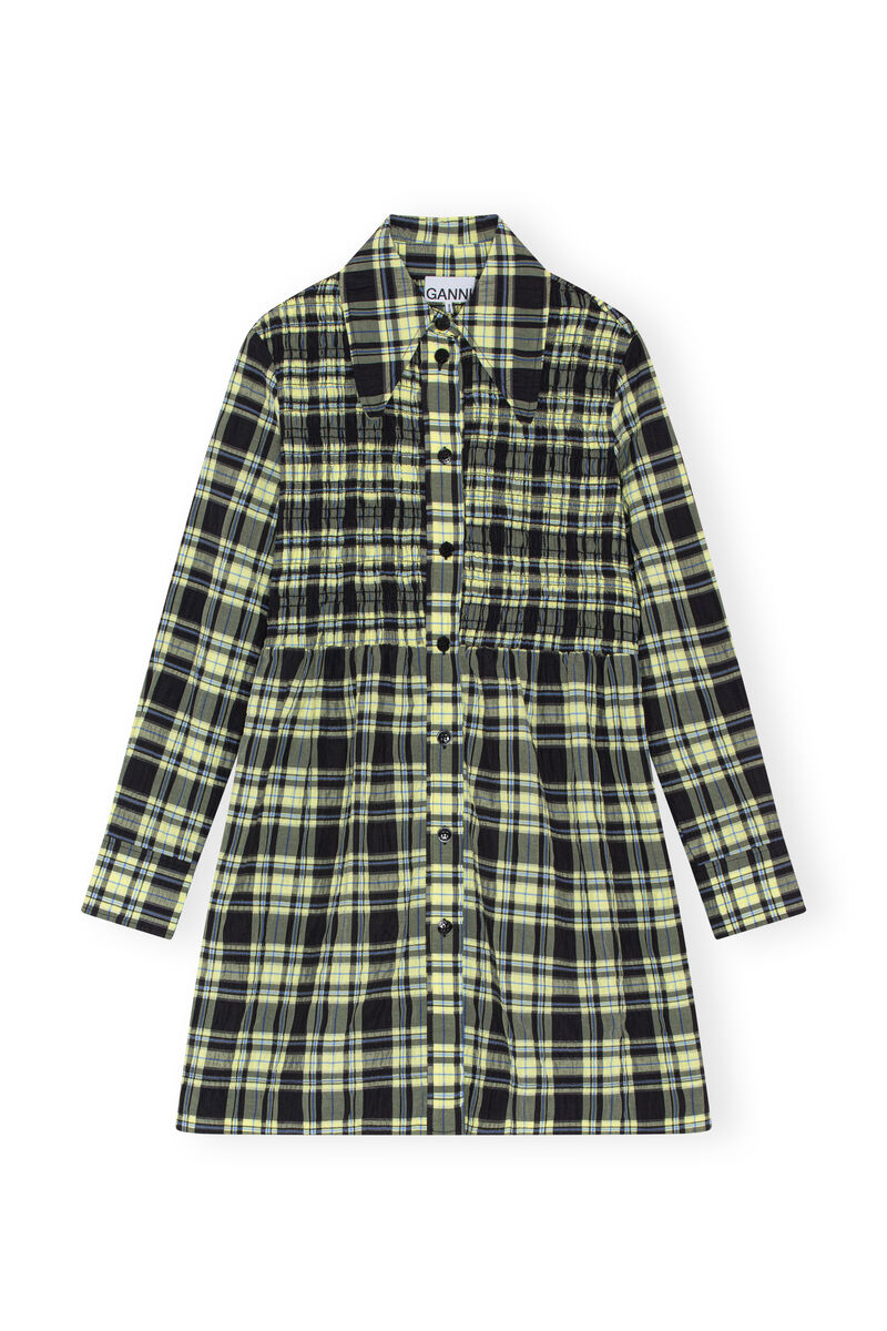Checkered Seersucker Shirt Dress, Cotton, in colour Check Elfin Yellow - 1 - GANNI