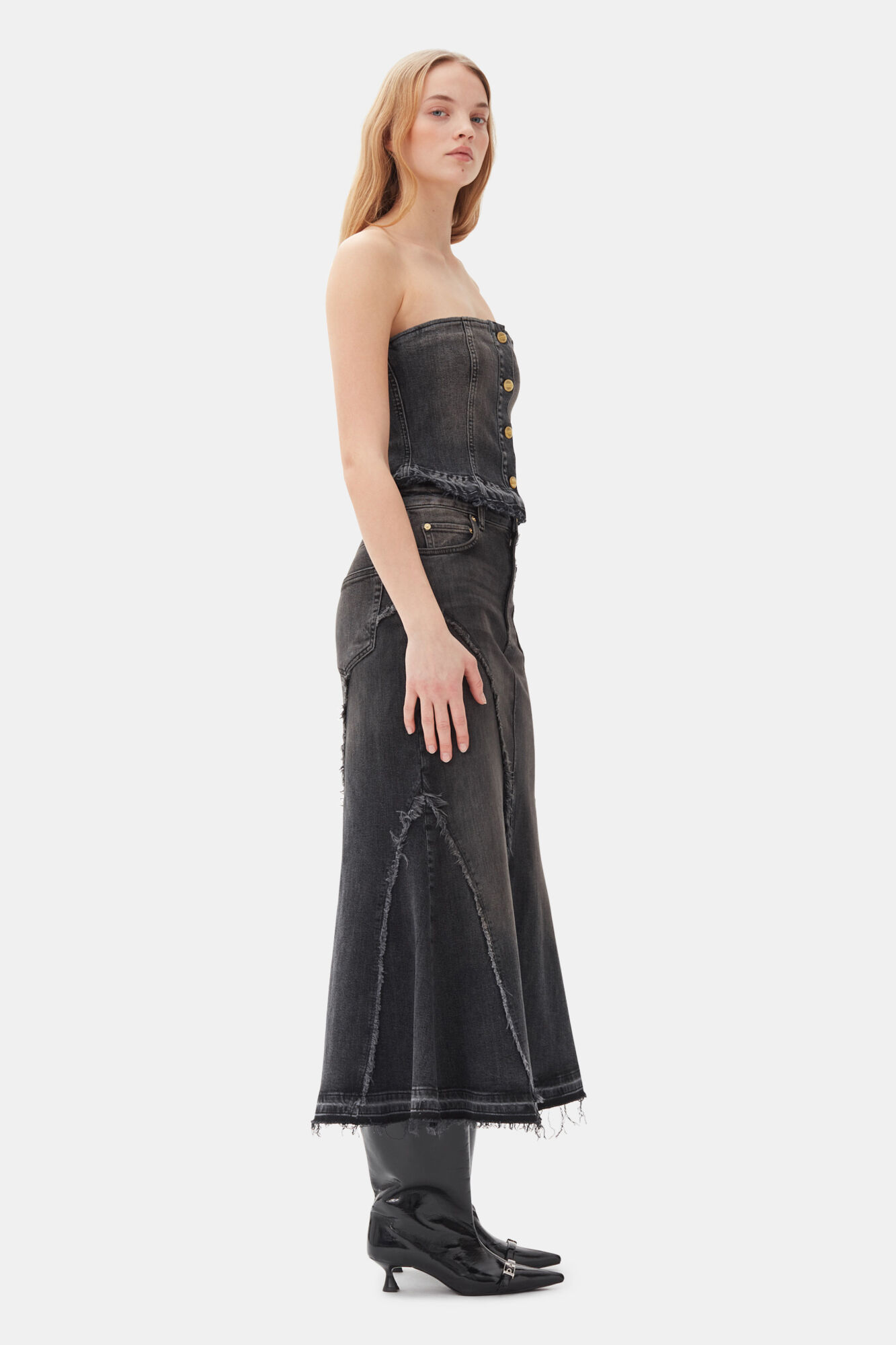 Washed Black Denim Skirt, Cotton, in colour Washed Black/Black - 2 - GANNI