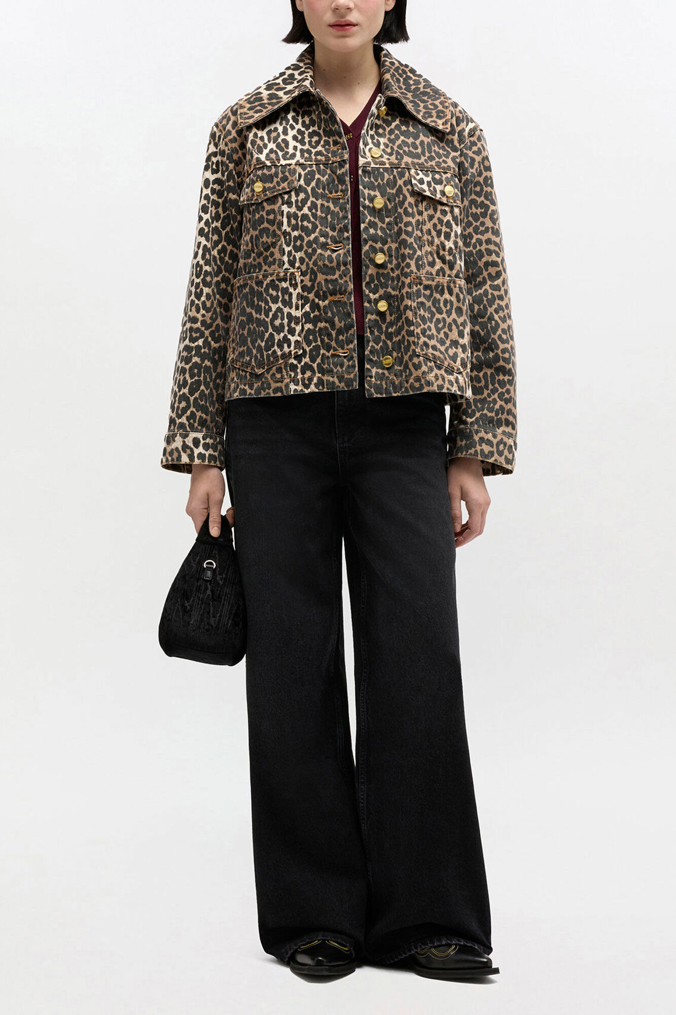 Leopard Denim Jacket, Organic Cotton, in colour Almond Milk - 1 - GANNI