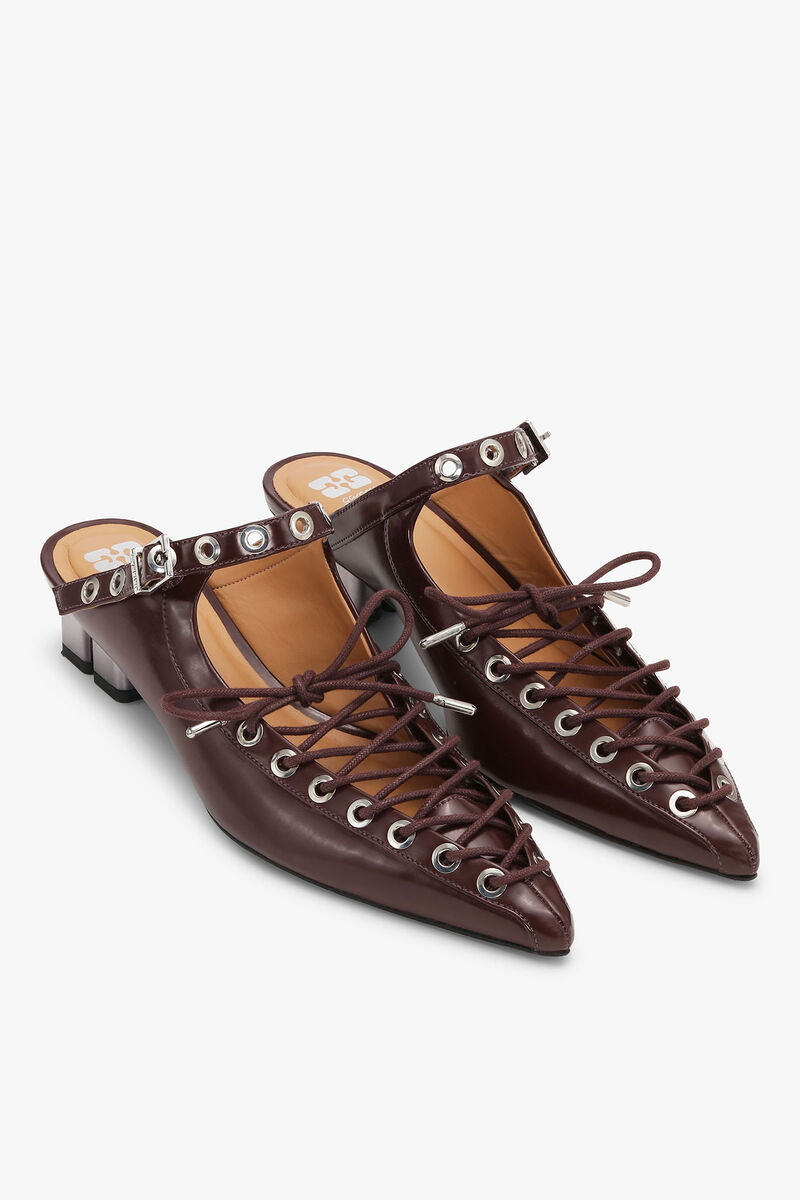 Brown Lace-Up Oleatex Mules, Polyurethane, in colour Tawny Port - 2 - GANNI