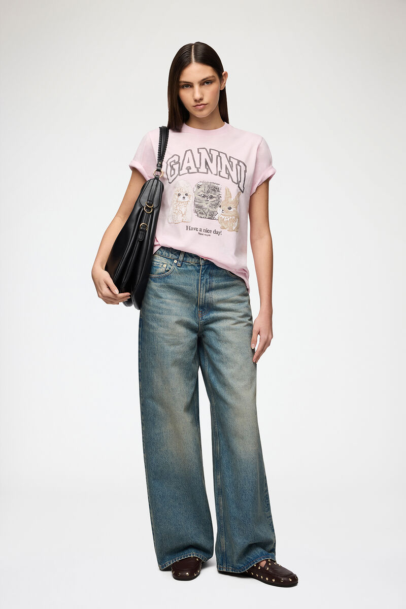 T-Shirt mit Tieren, Organic Cotton, in colour Chalk Pink - 2 - GANNI