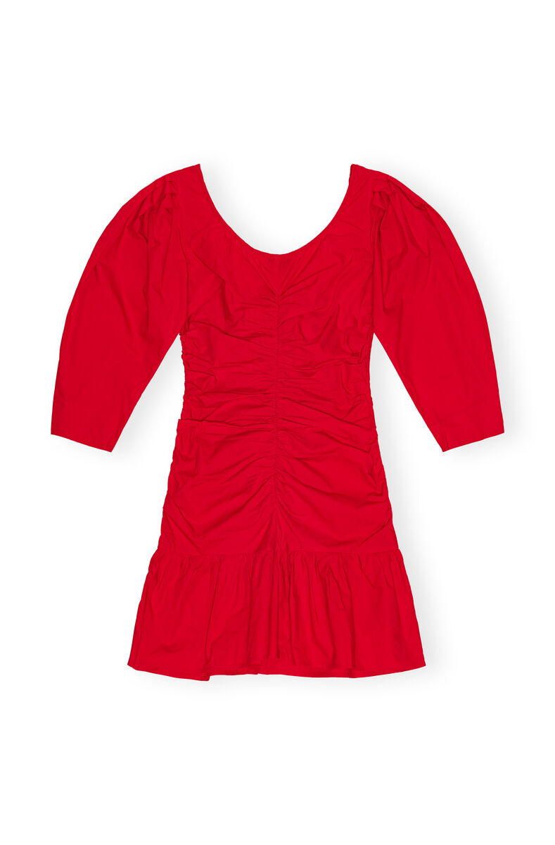 Red Cotton Poplin Gathered U-neck Mini Dress, Cotton, in colour Racing Red - 2 - GANNI