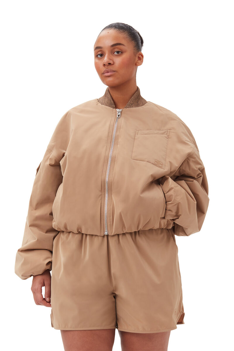 Brown Light Twill Oversized Short bomberjacka, Recycled Polyester, in colour Tiger's Eye - 5 - GANNI
