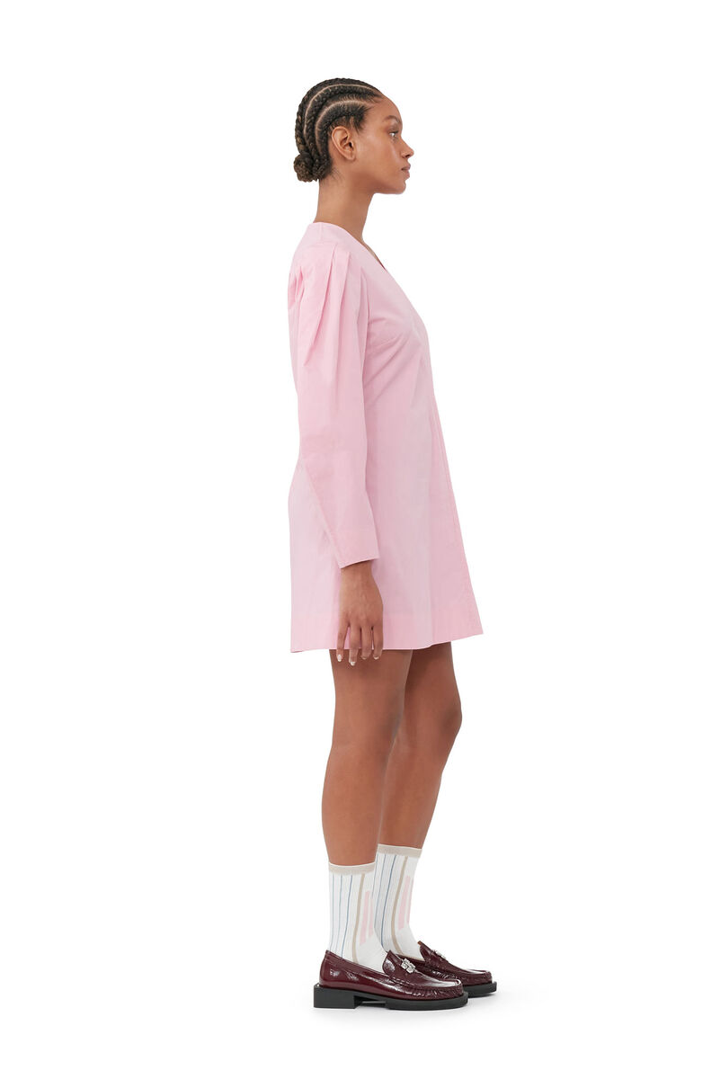 Pink Cotton Poplin V-neck Mini Dress, Cotton, in colour Orchid Smoke - 2 - GANNI