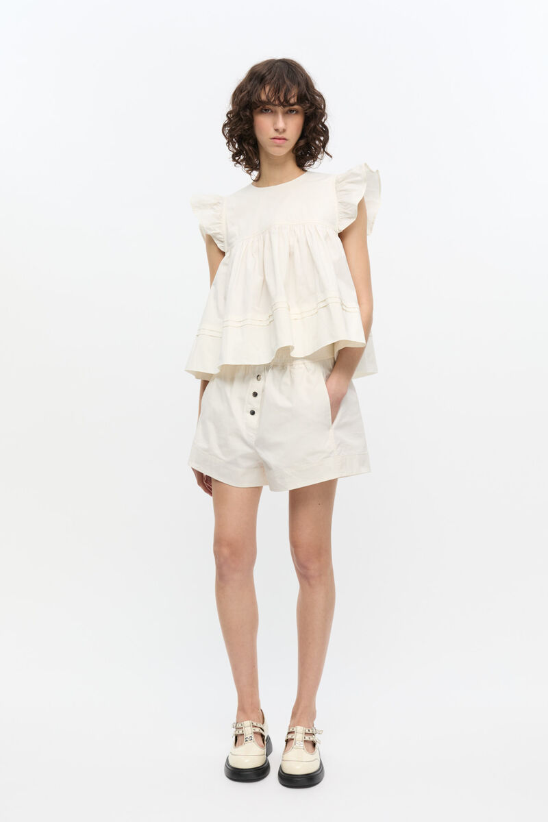 White Stretch Cotton Frill Sleeve Top, Elastane, in colour Egret - 2 - GANNI