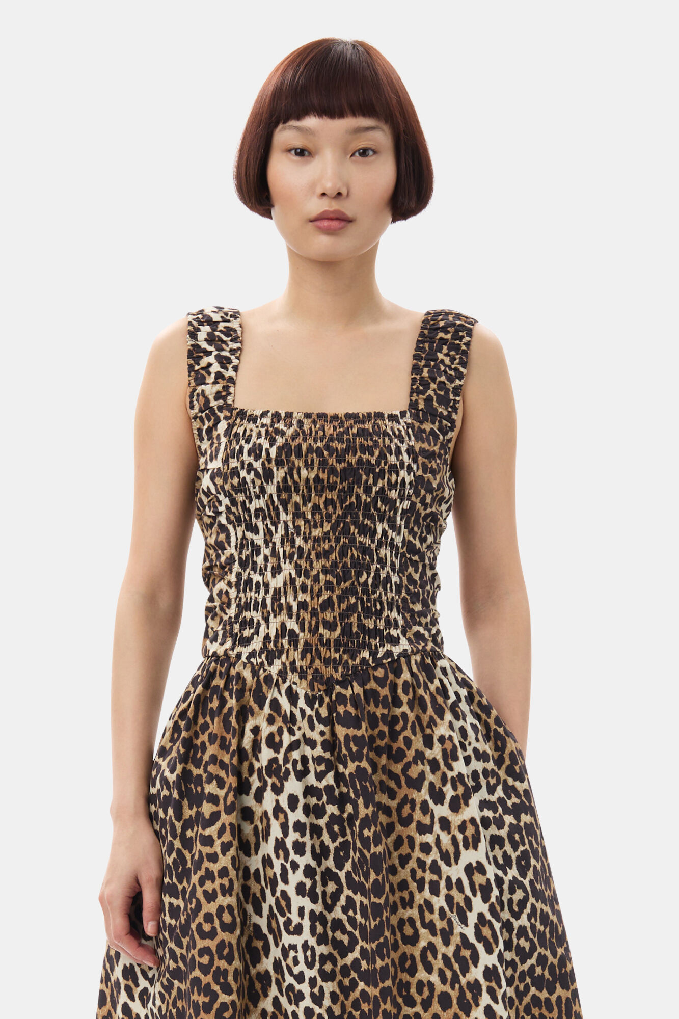 Leopard Printed Cotton Poplin Midi Strap Smock Dress, Cotton, in colour Leopard - 2 - GANNI