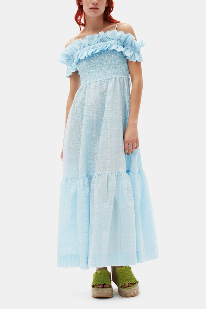 Seersucker Check Smock Maxi Dress, Ice Water