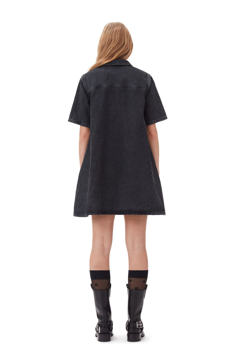 Washed Black Heavy Denim Mini Dress, Cotton, in colour Washed Black/Black - 4 - GANNI