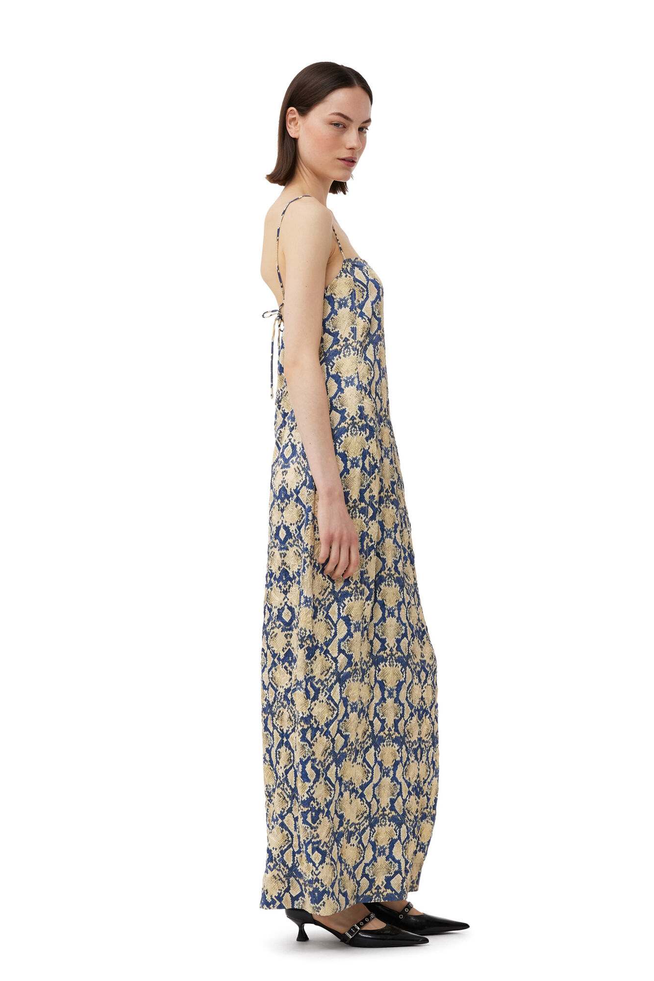 Snake Printed Crinkled Satin Slip Midikjole, Elastane, in colour Safari - 3 - GANNI