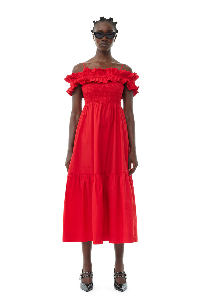 Red Cotton Poplin Long Smock klänning, Cotton, in colour Racing Red - 1 - GANNI