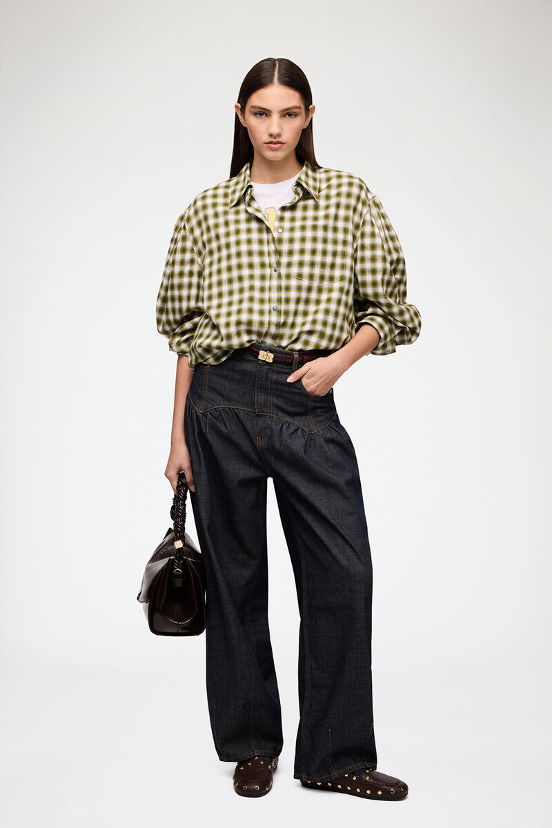 Shirt in Light Check Flannel, Organic Cotton, in colour Green Moss - 2 - GANNI