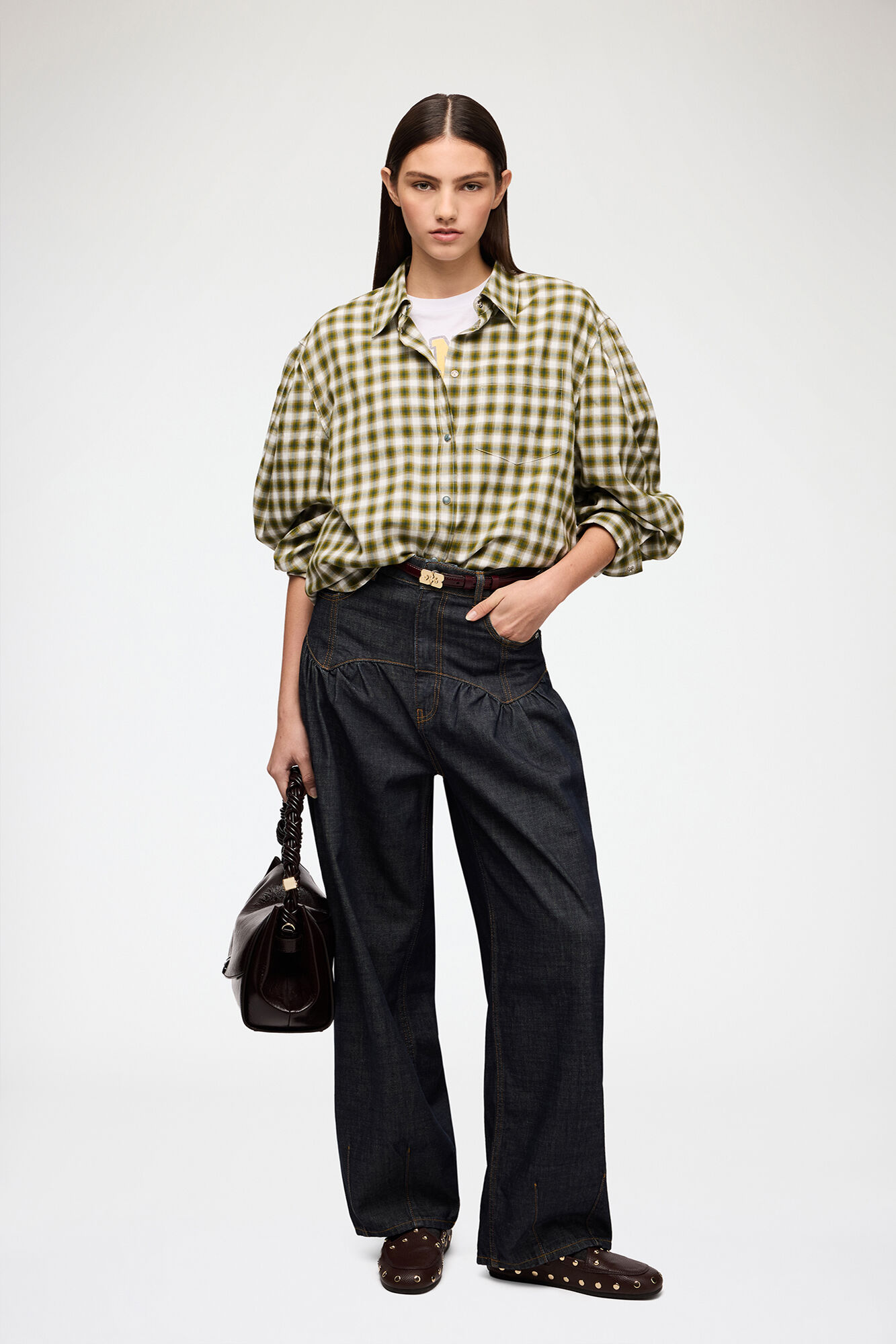 Shirt in Light Check Flannel, Organic Cotton, in colour Green Moss - 2 - GANNI
