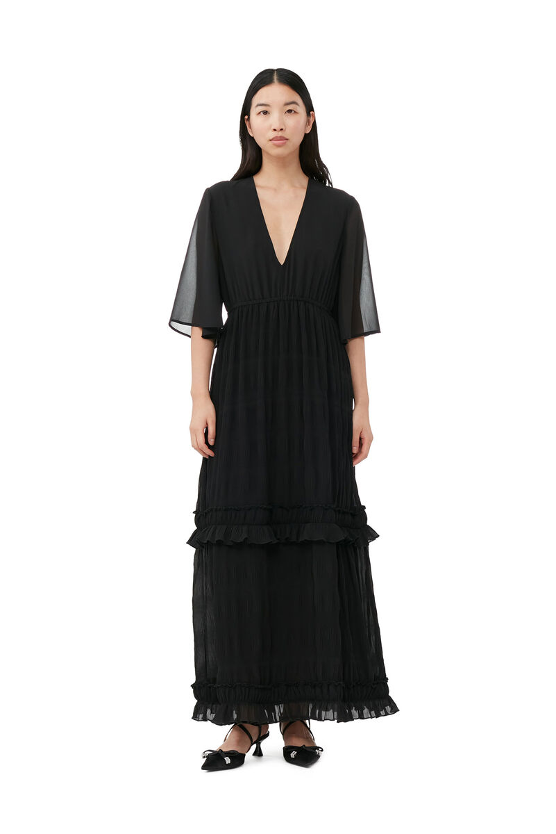 Black Pleated Georgette Maxi Dress, Recycled Polyester, in colour Black - 1 - GANNI