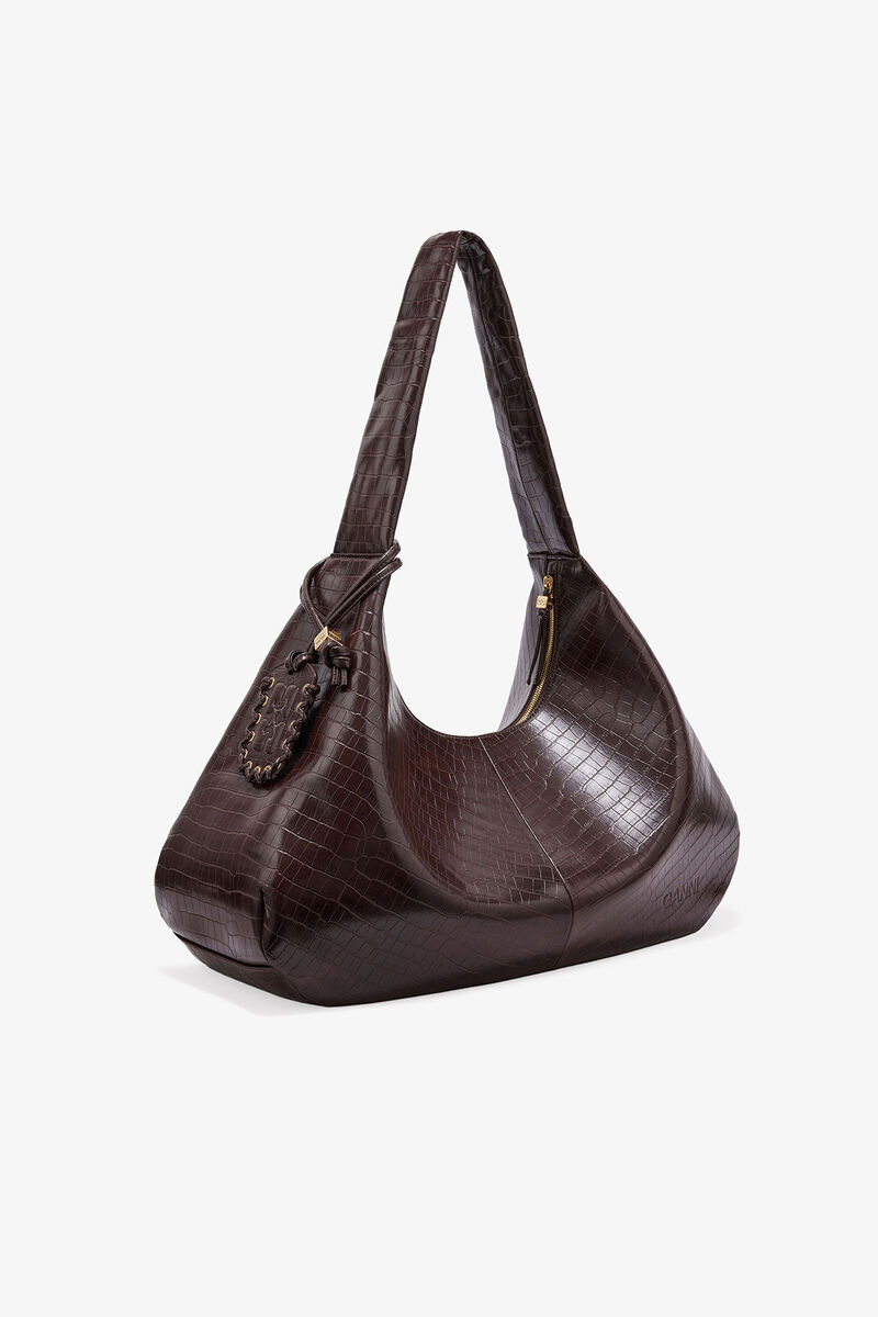 Braune Croco XXL Hobo-Tasche, Lyocell, in colour Chocolate Fondant - 2 - GANNI