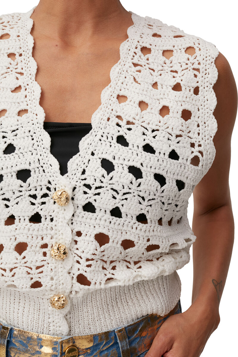 Crochet V-neck Vest, Nylon, in colour Egret - 7 - GANNI