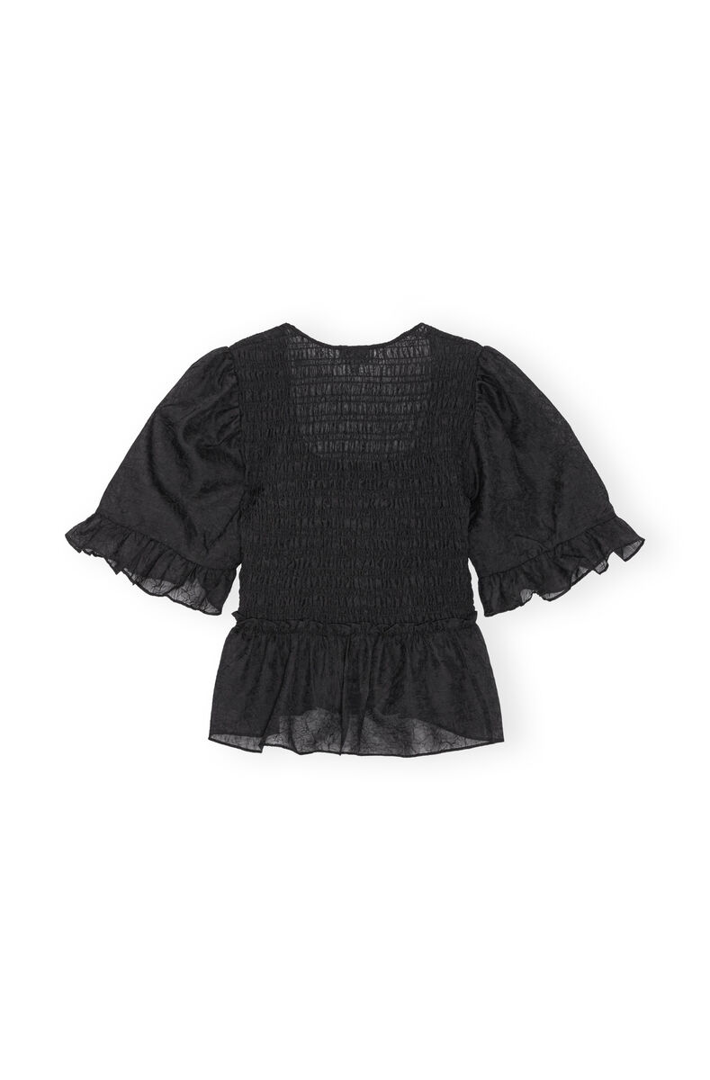 Black Crinkled Georgette Smock Blouse, Recycled Polyester, in colour Black - 2 - GANNI