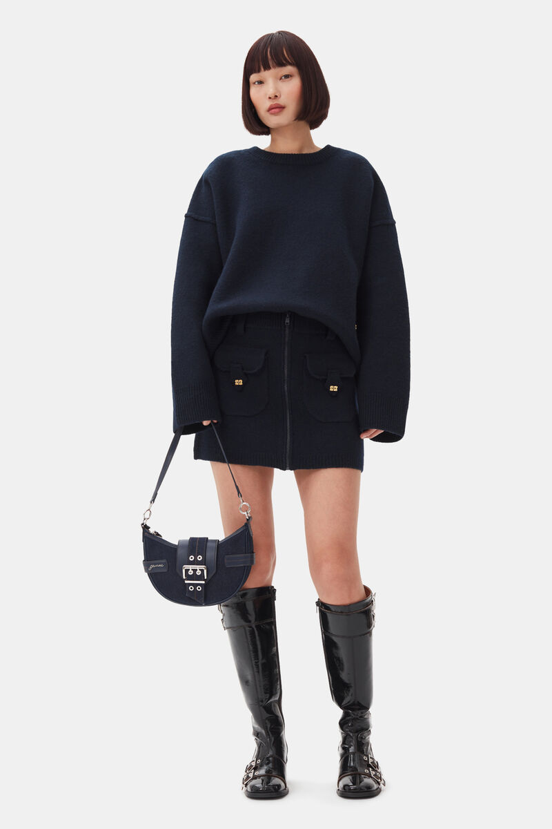 Dark Blue Mini Skirt, Wool, in colour Sky Captain - 1 - GANNI