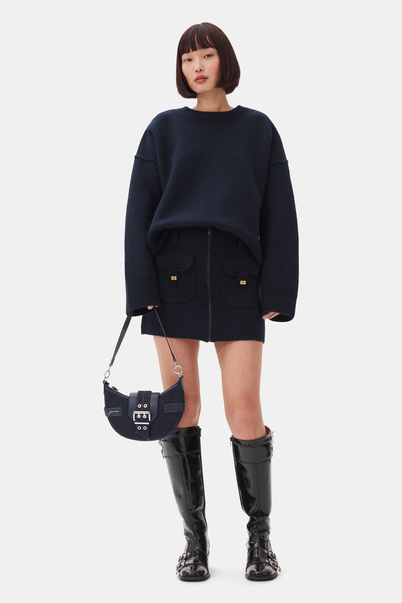 Dark Blue Mini Skirt, Wool, in colour Sky Captain - 1 - GANNI