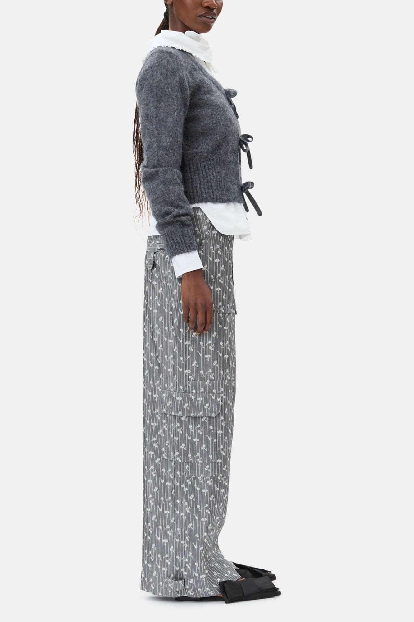 Grey Light Mohair Tie String Cardigan, Mohair, in colour Paloma Melange - 3 - GANNI