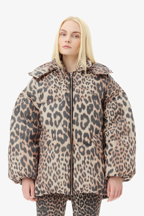 Ganni Leopard Midi Puffer Jacket In Almond Milk Size Small/Medium Polyester Women's Recycled Polyester
