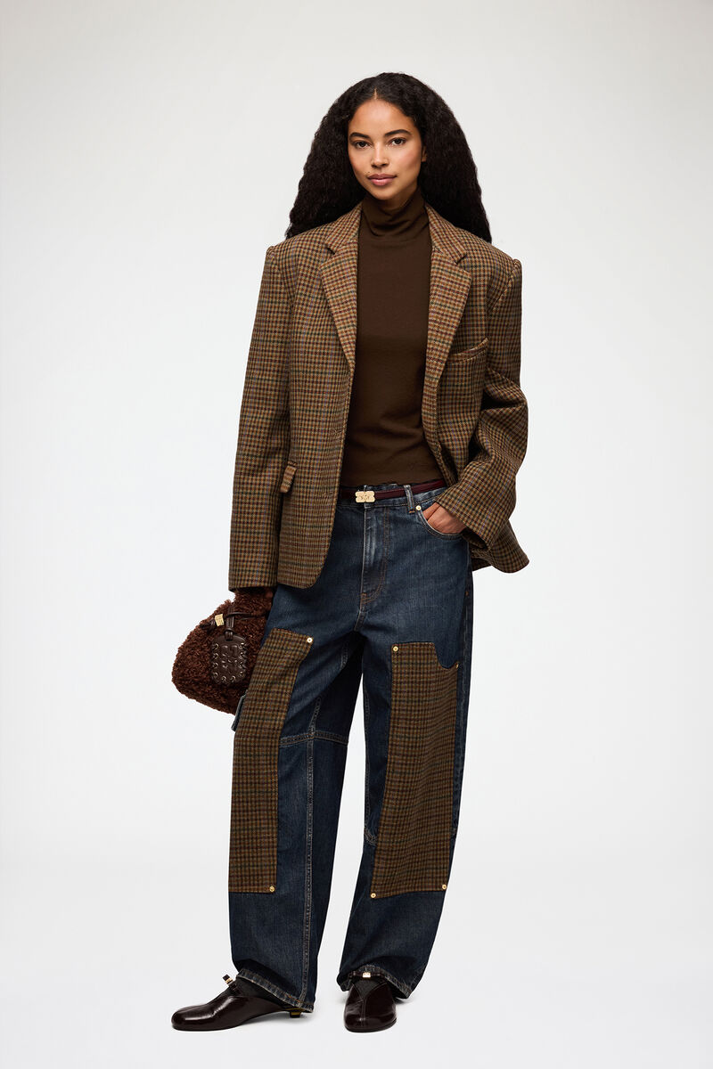 Blazer in Check Twill, Recycled Wool, in colour Multicolour - 1 - GANNI