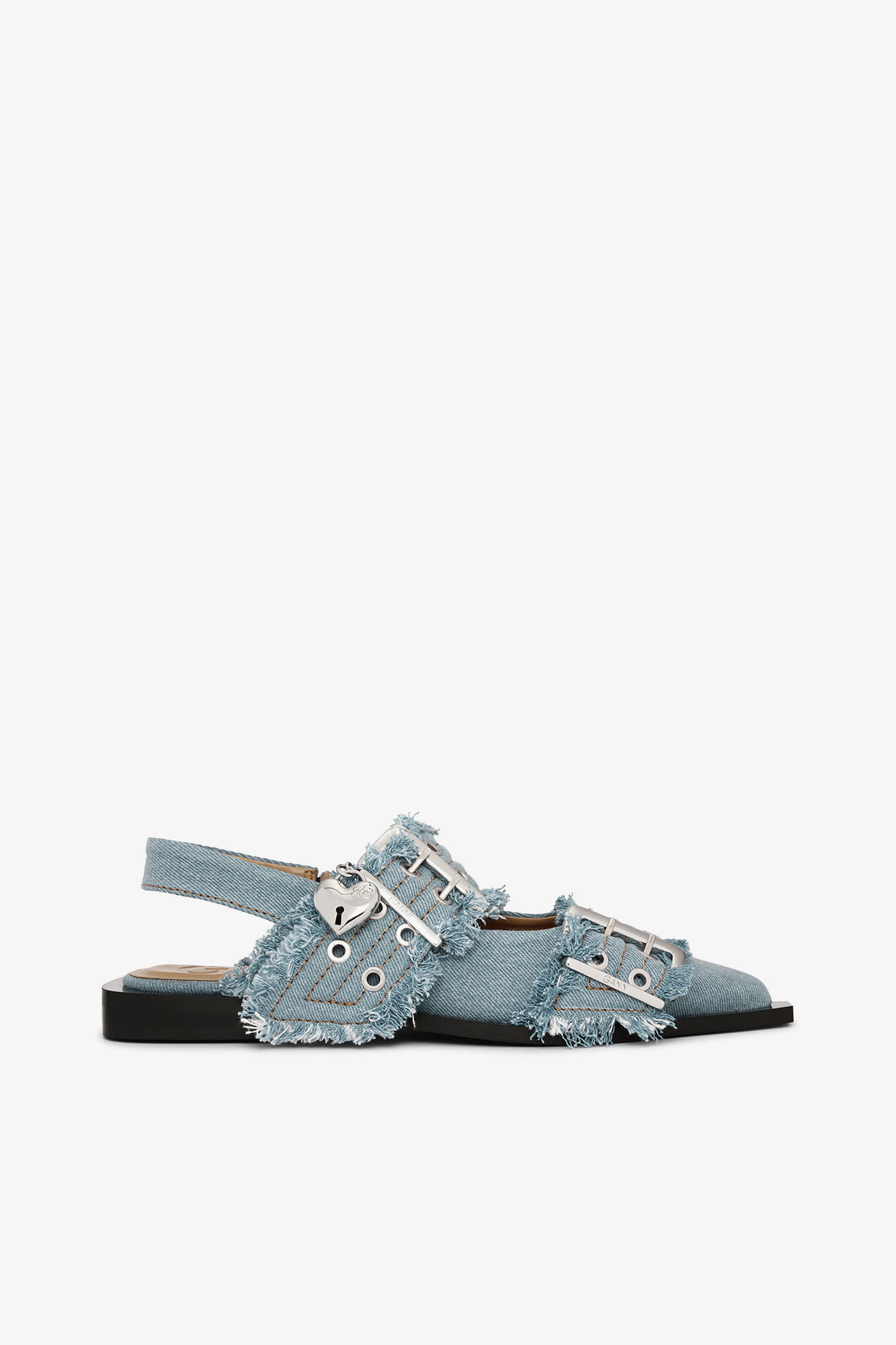 Feminine Buckle Ballerinas in Denim with Charms, Recycled Cotton, in colour Faded Denim - 1 - GANNI