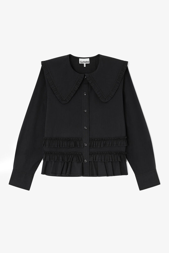 Stretch Cotton Ruffle Shirt, Black
