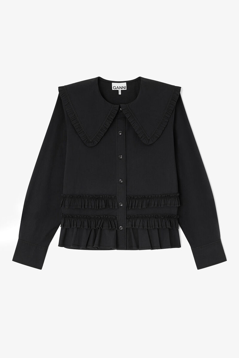 Stretch Cotton Ruffle Shirt, Organic Cotton, in colour Black - 1 - GANNI