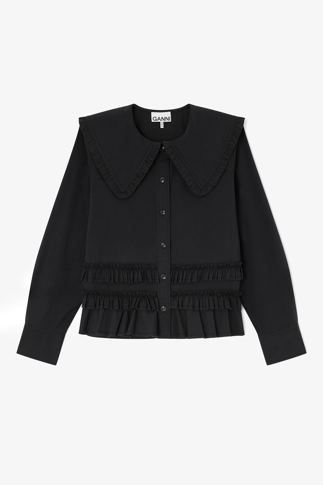 Stretch Cotton Ruffle Shirt, Organic Cotton, in colour Black - 1 - GANNI