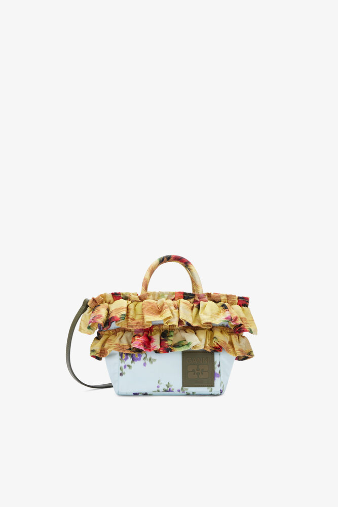 Mini Tote Bag in Ruffle Print, Iced Aqua