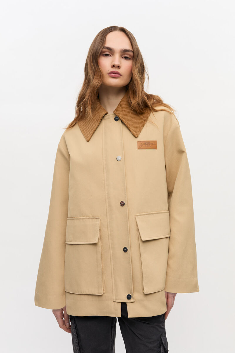 Camel Twill Midi Jacket, Recycled Polyester, in colour Pale Khaki - 1 - GANNI