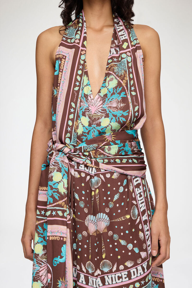Dress in Printed Twill, Viscose, in colour Chicory Coffee - 1 - GANNI
