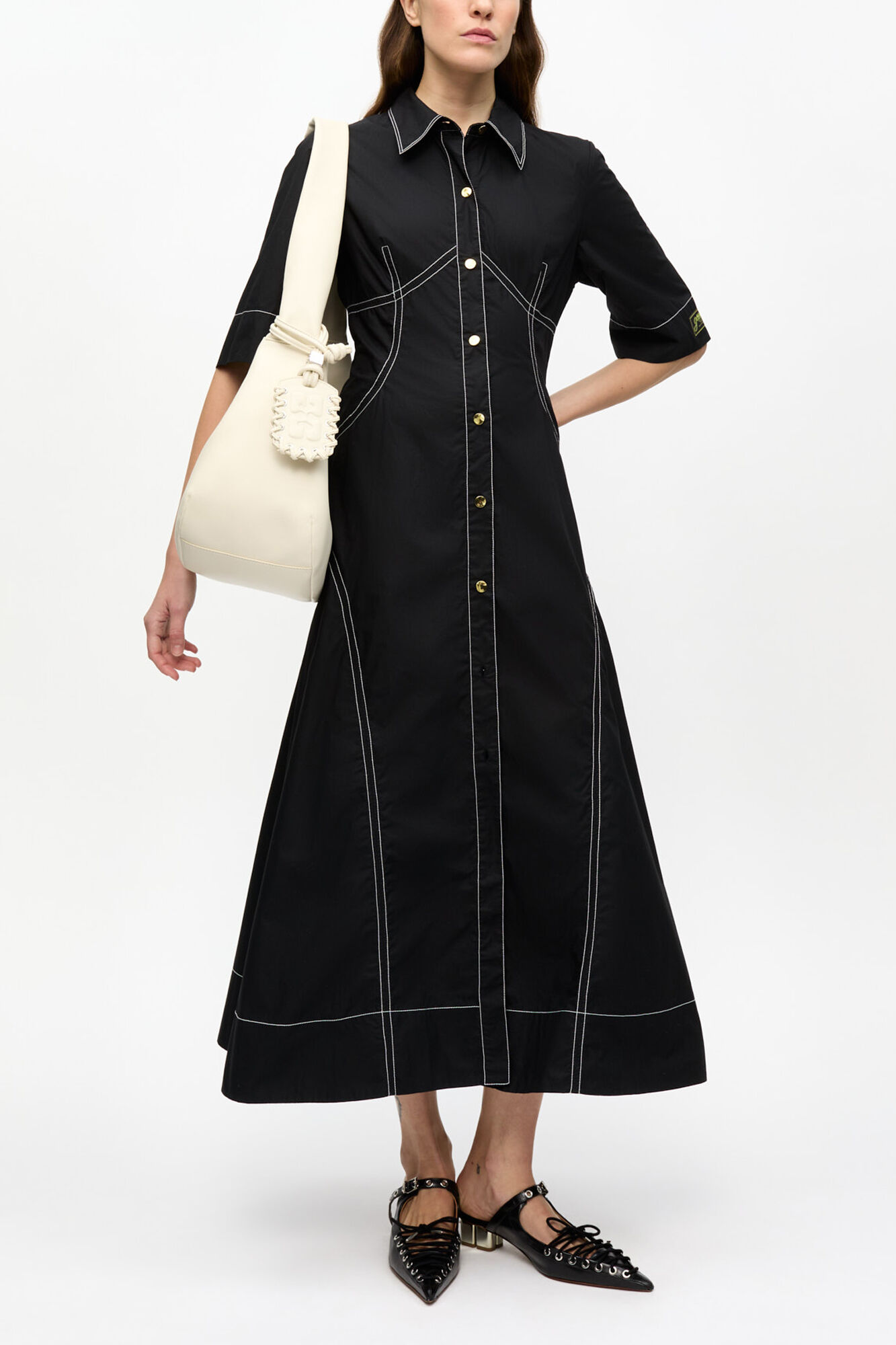 Black Cotton Poplin Shirt Dress, Organic Cotton, in colour Black - 1 - GANNI