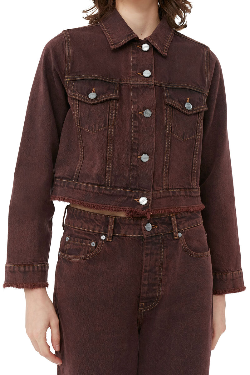 Overdyed Bleach Denim Cropped Jacket, Cotton, in colour Shaved Chocolate - 4 - GANNI