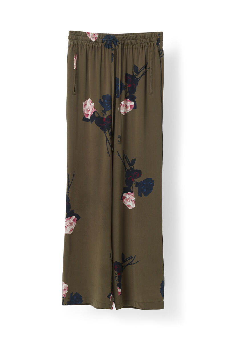 Donaldson Silk Pants, in colour Dark Olive Roses - 1 - GANNI