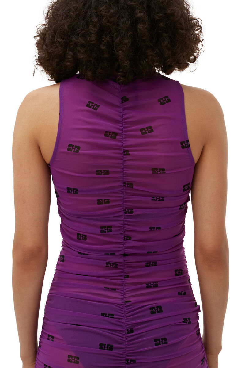 Printed Mesh Ruched Sleeveless Long Dress, Elastane, in colour Sparkling Grape - 12 - GANNI