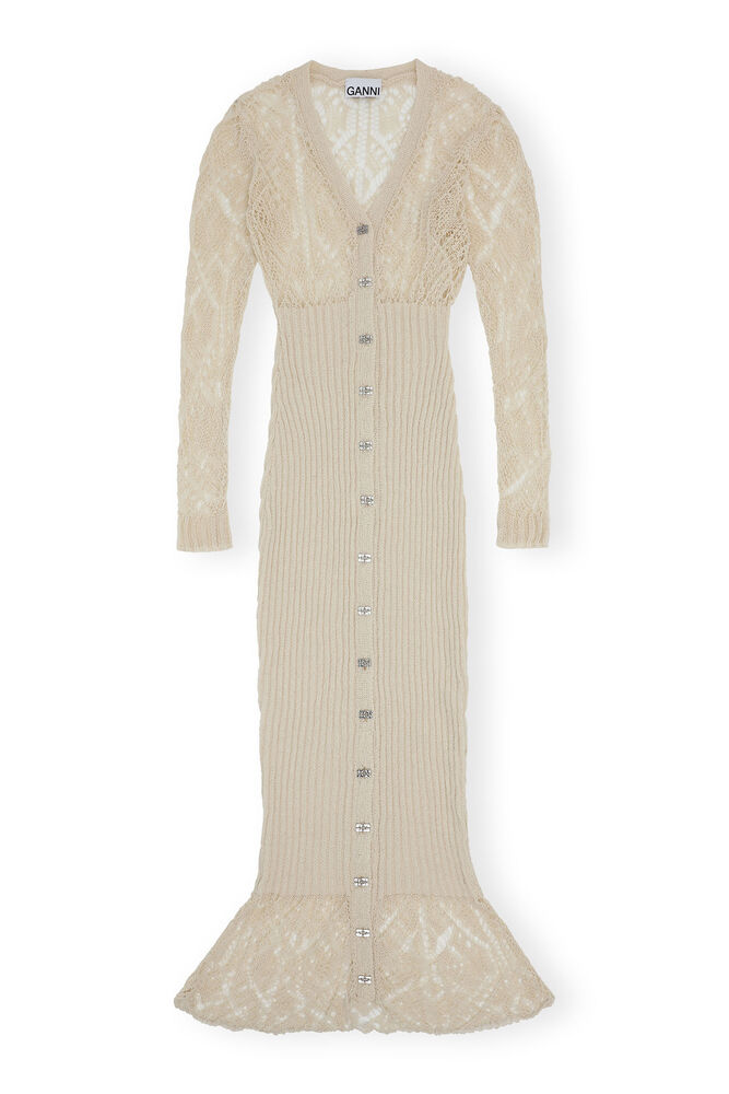 Beige Cotton Lace Button Down Maxi Dress, Egret