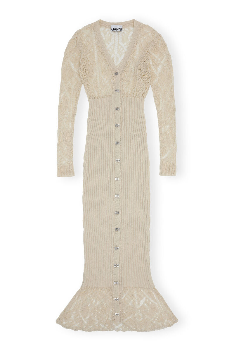 Beige Cotton Lace Button Down Maxi Dress, Cotton, in colour Egret - 1 - GANNI