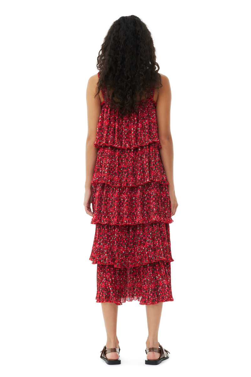 Red Pleated Georgette Flounce Strap Midi klänning, Recycled Polyester, in colour Racing Red - 4 - GANNI
