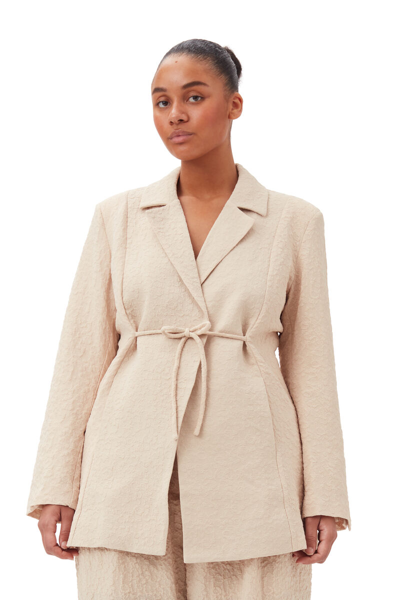Beige Textured Suiting Tie String Blazer, Polyester, in colour Oyster Gray - 5 - GANNI