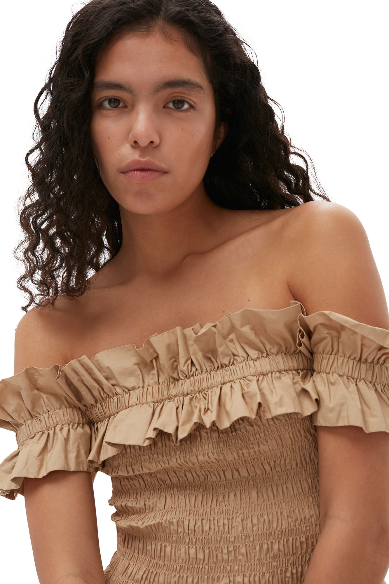 Cotton Poplin Off-Shoulder Smock Top, Cotton, in colour Curds and Whey - 4 - GANNI